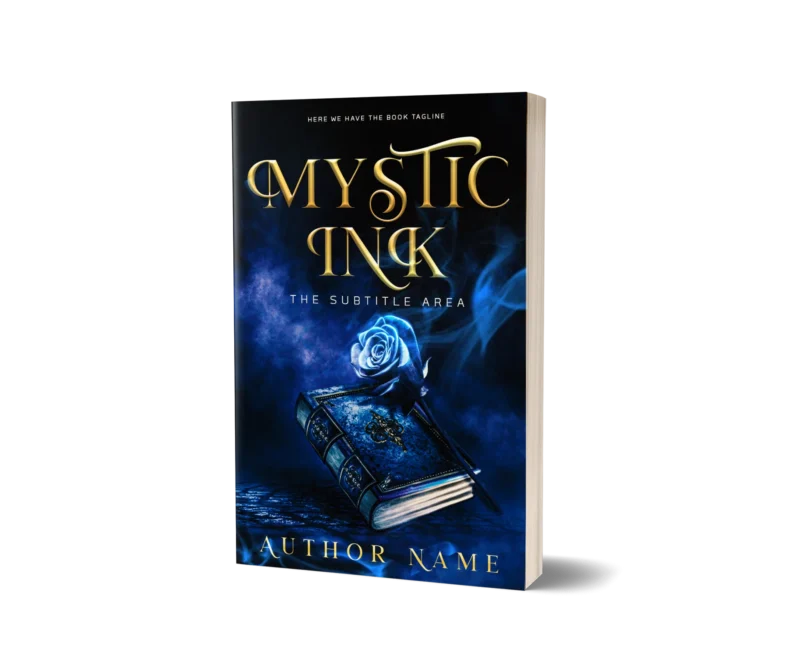 Enchanting book cover mockup titled 'Mystic Ink' featuring an ancient tome with a blue rose, symbolizing magic and mystery.