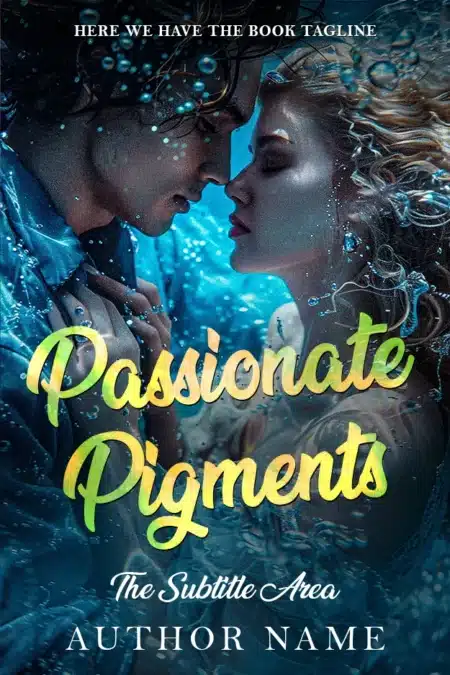 'Romantic Fantasy Book Cover' for 'Passionate Pigments' depicting an underwater embrace, highlighting a mystical and passionate connection.