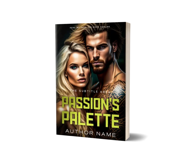 Sultry book cover mockup titled 'Passion's Palette' featuring a close-up of a striking couple, evoking themes of romance and desire.