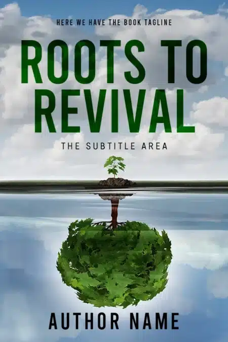 A Self-Growth Book Cover depicting a lush tree with roots forming a globe, symbolizing personal and global revival through returning to one's roots.