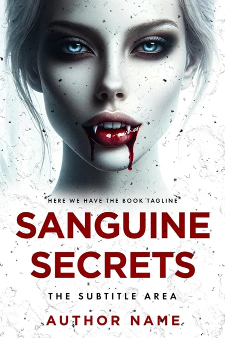Vampire woman with piercing blue eyes and blood on her lips on 'Sanguine Secrets' vampire romance premade book cover