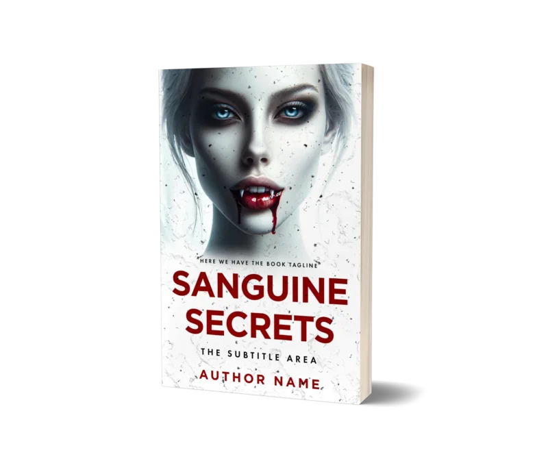 Vampire woman with piercing blue eyes and blood on her lips on 'Sanguine Secrets' vampire romance premade book cover