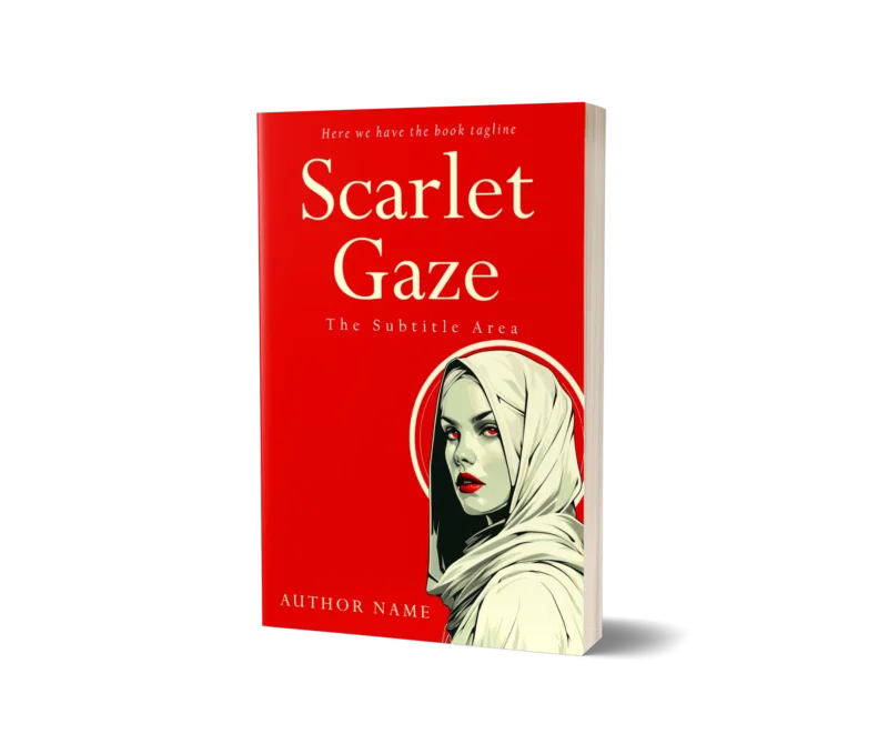 Captivating book cover mockup for 'Scarlet Gaze' showcasing a woman with a striking red backdrop, hinting at a thrilling narrative.