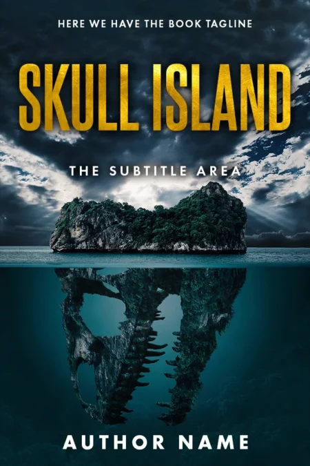 Mysterious island shaped like a skull under stormy skies on an adventure book cover titled 'Skull Island