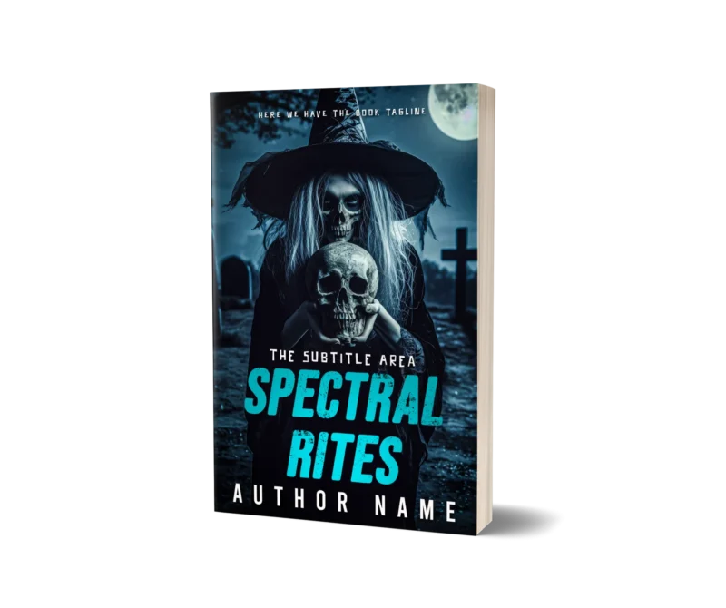 A haunting Horror Book Cover with a figure in a witch's costume holding a skull, under a full moon, embodying 'Spectral Rites.'
