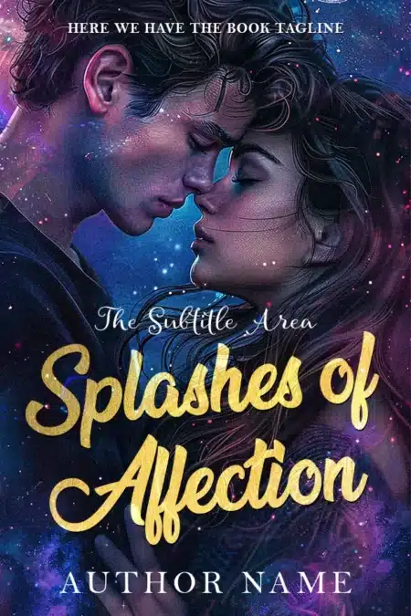 'Romantic Novel Book Cover' for 'Splashes of Affection' featuring a close-up of a couple about to kiss, surrounded by a cosmic backdrop.
