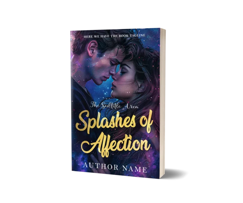 'Romantic Novel Book Cover' for 'Splashes of Affection' featuring a close-up of a couple about to kiss, surrounded by a cosmic backdrop.