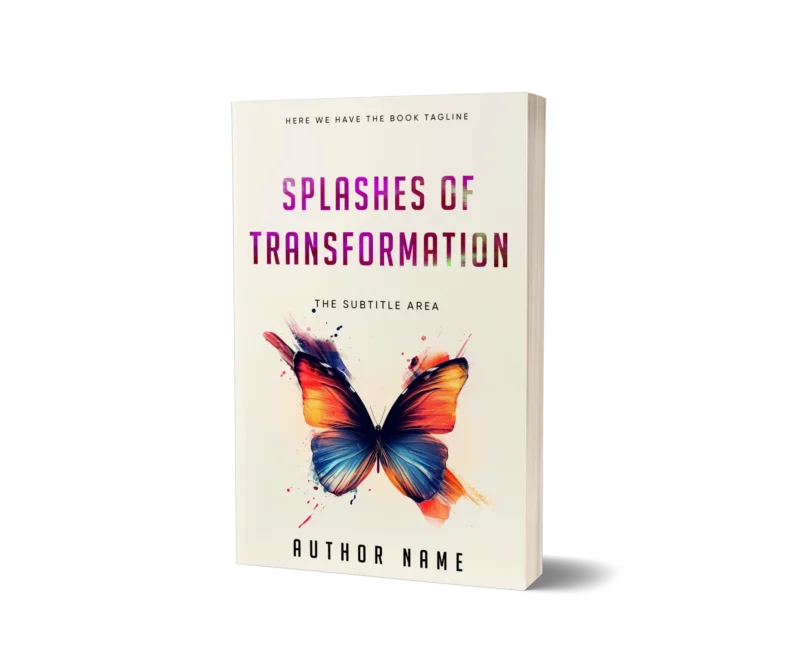 Artistic 'Poetry Book Cover' titled 'Splashes of Transformation' with a vibrant butterfly, symbolizing change and creative expression.