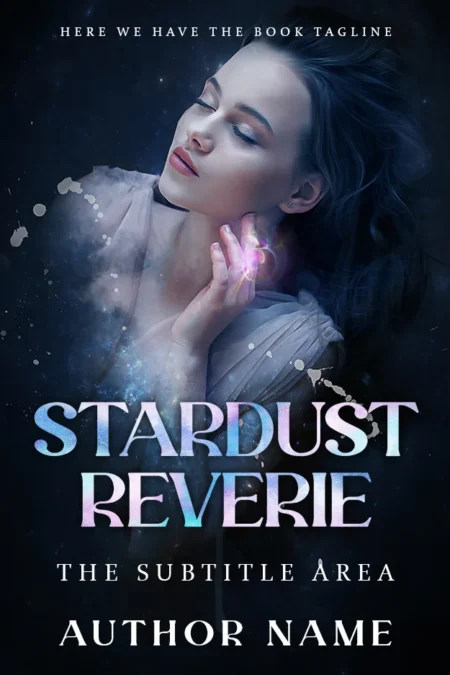 Stardust Reverie book cover with a dreamlike image of a woman and cosmic elements, symbolizing fantasy and romance.