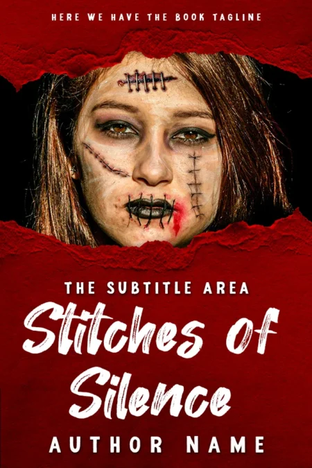 Psychological Thriller Book Cover with a woman's face stitched in silence, titled 'Stitches of Silence.'