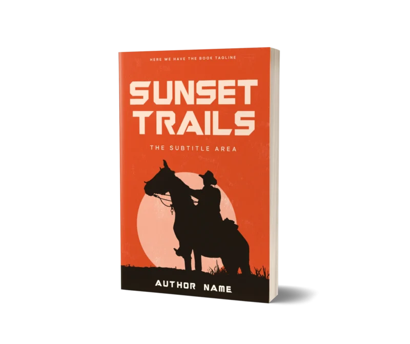 Book cover mockup design for 'Sunset Trails' depicting the silhouette of a cowboy on horseback against a vivid sunset, embodying the Western genre.