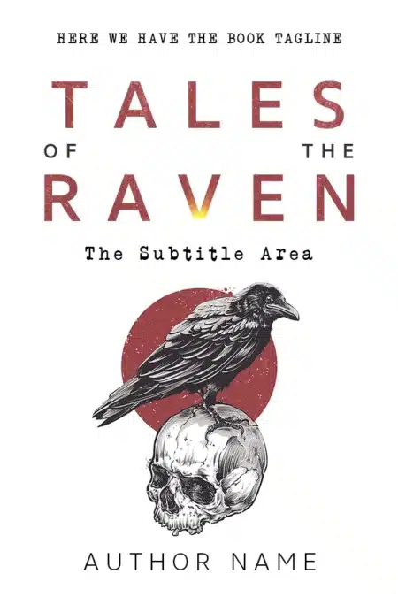 Enigmatic Gothic Fantasy Book Cover featuring a stark raven perched ominously on a human skull against the backdrop of a full moon, symbolizing dark tales and ancient secrets.