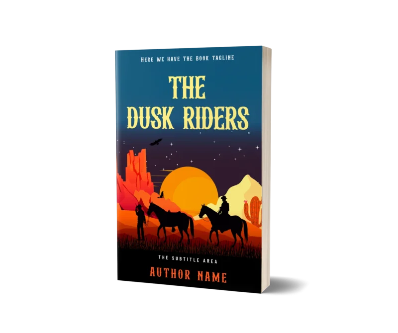 Dynamic book cover mockup for 'The Dusk Riders' featuring cowboys on horseback against a sunset in the Wild West.