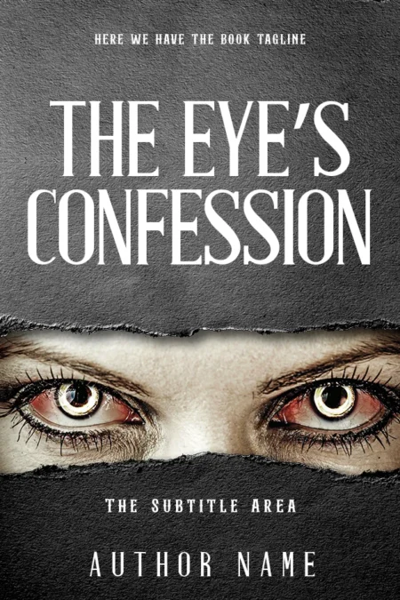 An intense Mystery Thriller Book Cover featuring piercing eyes behind a torn cover, suggesting secrets and revelations for 'The Eye's Confession.'