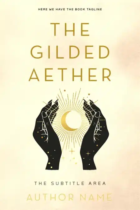 Book cover for 'The Gilded Aether' depicting hands reaching towards a radiant celestial body, symbolizing mystical powers.