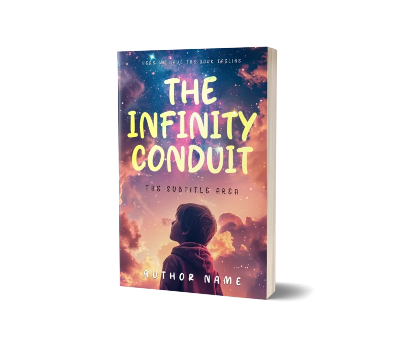 Engaging book cover mockup for 'The Infinity Conduit' featuring a child gazing at a cosmic sky, symbolizing discovery and science fiction wonder.