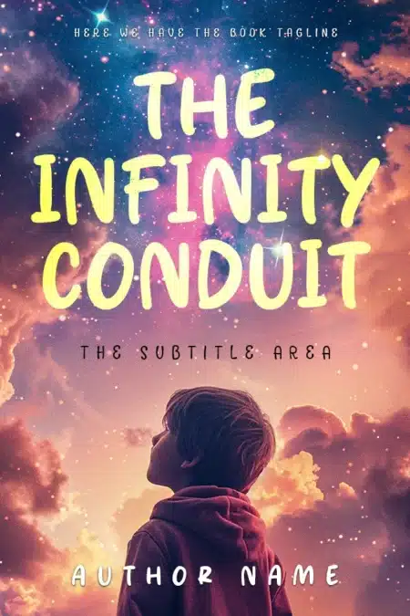 Engaging book cover for 'The Infinity Conduit' featuring a child gazing at a cosmic sky, symbolizing discovery and science fiction wonder.