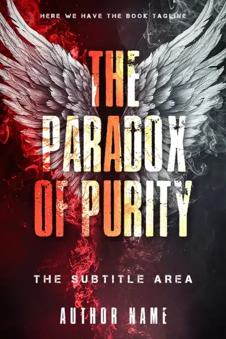 Dramatic book cover titled 'The Paradox of Purity' with contrasting white and black wings enveloped in smoke, evoking themes of moral duality.