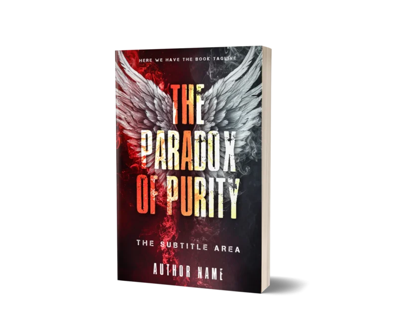 Dramatic book cover mockup titled 'The Paradox of Purity' with contrasting white and black wings enveloped in smoke, evoking themes of moral duality.