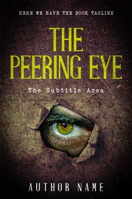 Book cover image for 'The Peering Eye,' featuring a single, striking eye looking through a mysterious tear, encapsulating enigmatic visions.