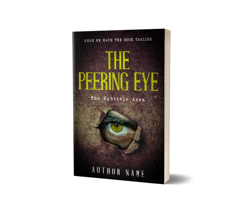 Book cover image for 'The Peering Eye,' featuring a single, striking eye looking through a mysterious tear, encapsulating enigmatic visions.