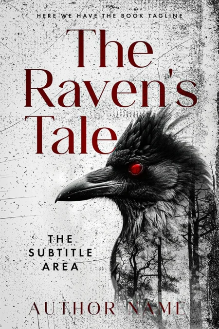 Foreboding raven with a red eye on a dark fantasy book cover titled 'The Raven's Tale'