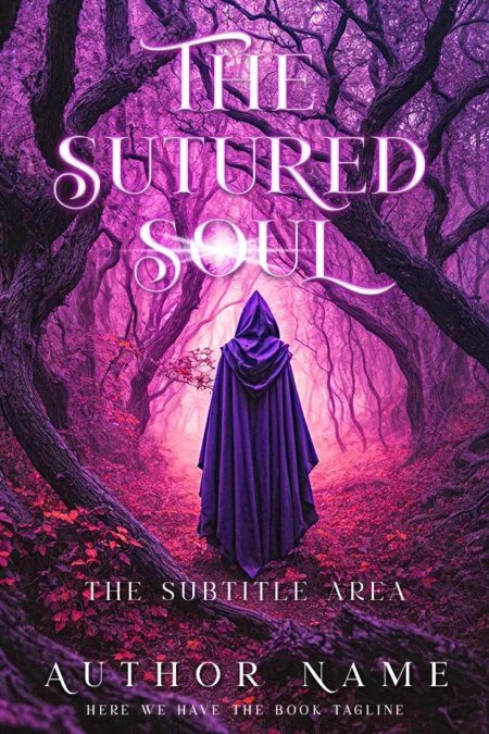 Mystical figure in a cloak wandering through a magical forest on a fantasy book cover titled 'The Sutured Soul'
