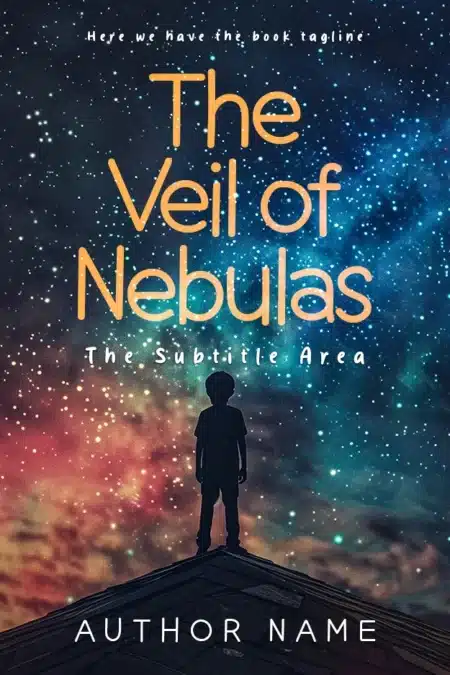 "Intriguing book cover 'The Veil of Nebulas' showing a silhouette of a child gazing at the starry cosmos, suggestive of a sci-fi mystery.