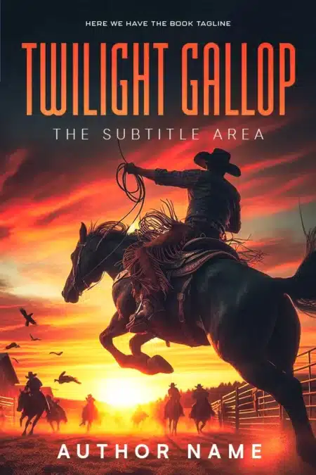 Action-packed book cover with a cowboy on horseback against a vivid sunset, symbolizing a Western adventure.