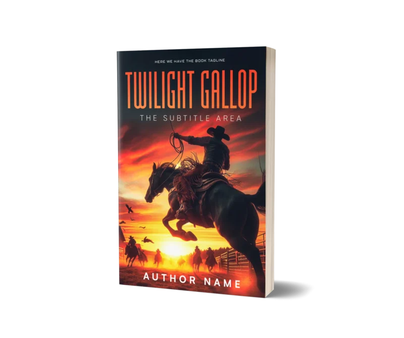 Action-packed book cover mockup with a cowboy on horseback against a vivid sunset, symbolizing a Western adventure.