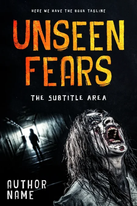 Horror Thriller Book Cover 'Unseen Fears' depicting a terrifying scene with a scream in the darkness, capturing the essence of fear.
