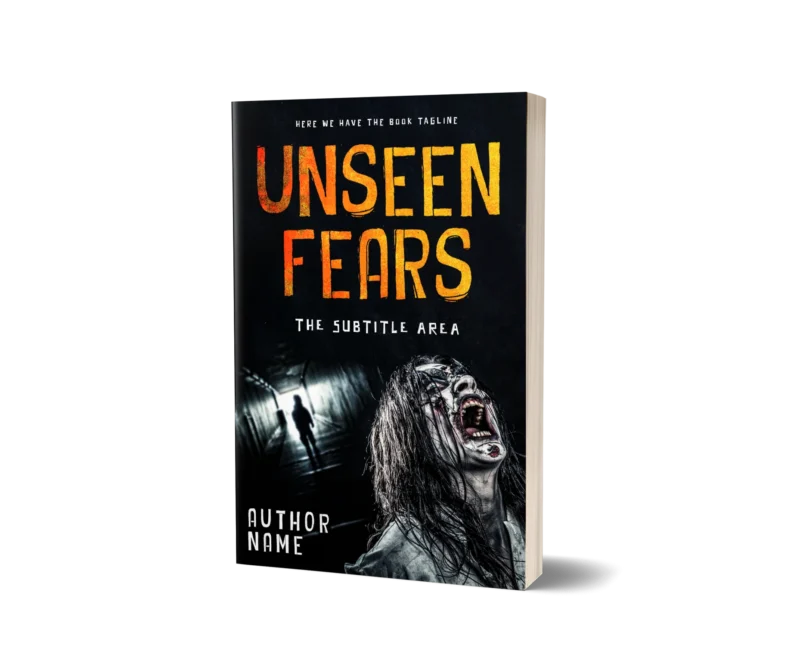 Horror Thriller Book Cover 'Unseen Fears' depicting a terrifying scene with a scream in the darkness, capturing the essence of fear.