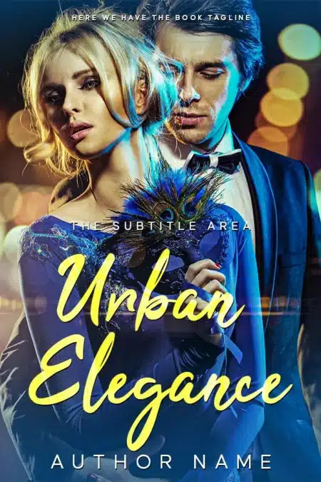 Stylish book cover for 'Urban Elegance' featuring a glamorous couple in a sophisticated city night setting.