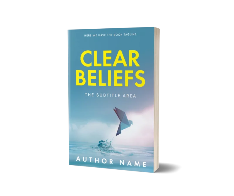 'Spiritual Self-Help Book Cover' for 'Clear Beliefs' showing a paper plane touching water, symbolizing clarity and reflection in personal beliefs.