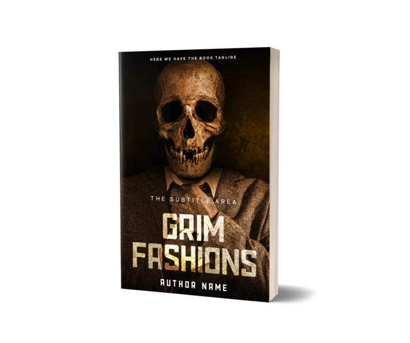 Eerie book cover mockup showcasing a skull wearing a suit, embodying the grim and mysterious theme of the novel titled 'Grim Fashions'.