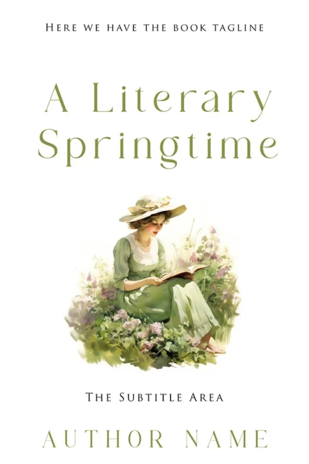 A book cover titled "A Literary Springtime" featuring a vintage illustration of a woman in a green dress reading a book in a blooming garden.