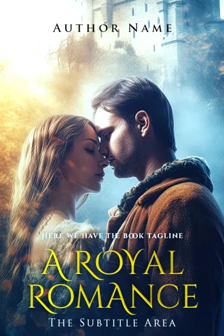 A romantic book cover featuring a couple in medieval attire embracing in front of a castle.