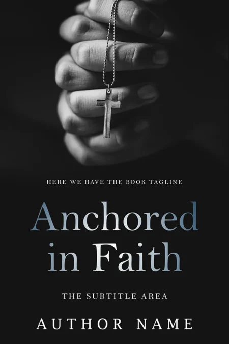 A book cover titled "Anchored in Faith" featuring a close-up black-and-white photograph of hands clasping a cross pendant, emphasizing the themes of faith and spirituality.