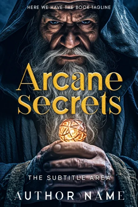A mystical book cover titled "Arcane Secrets" featuring an old wizard holding a glowing orb with intense focus.