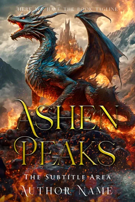 A fantasy book cover titled "Ashen Peaks" featuring a fierce dragon amidst fiery mountains and a dramatic landscape.