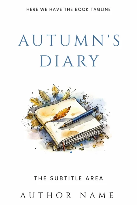 A reflective book cover titled "Autumn's Diary" featuring a journal with a pen and autumn leaves scattered around.