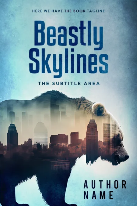 "Beastly Skylines" book cover featuring a city skyline merged with the silhouette of a beast, symbolizing the blend of urban life and mythical elements.