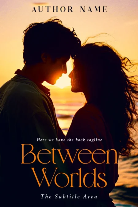 Book cover featuring the title 'Between Worlds' in gold letters over an image of a couple facing each other with a sunset in the background.