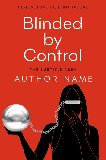 A striking book cover titled "Blinded by Control" featuring a silhouette of a woman with a blindfold and a chained silver ball, set against a bold red background.