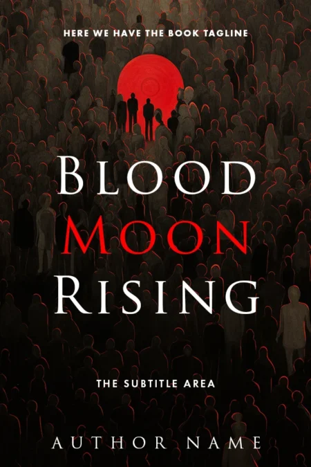 A dark fantasy book cover featuring a red moon rising over a crowd of shadowy figures.