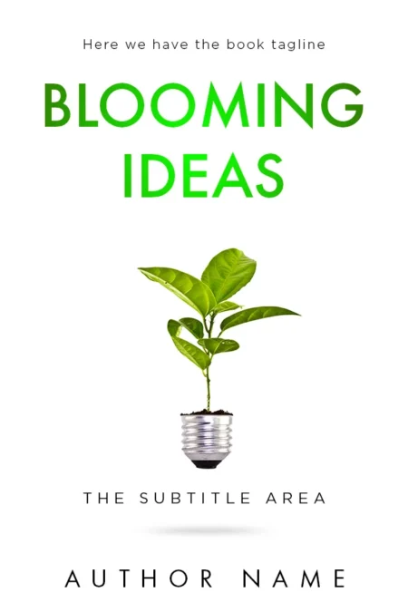 Blooming Ideas premade book cover featuring a green plant growing from a light bulb.