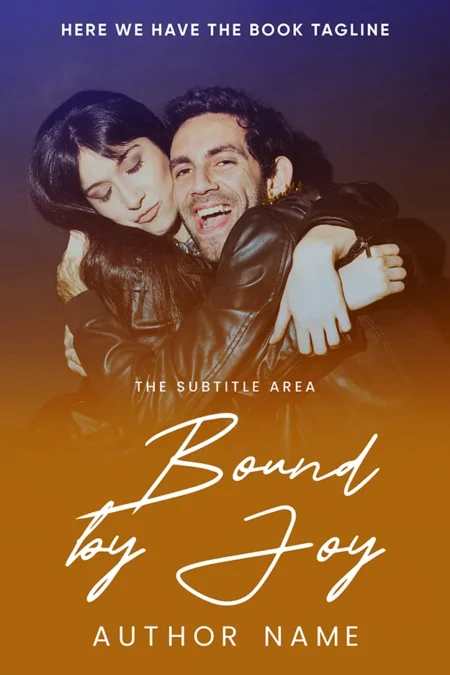 A heartfelt book cover titled "Bound by Joy" featuring a couple in a loving embrace, set against a warm gradient background from purple to orange.
