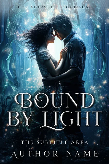 A romantic book cover titled "Bound by Light" featuring a couple embracing in a magical, glowing forest.