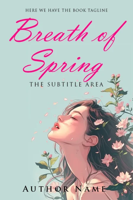 "Breath of Spring" book cover depicting a woman enjoying a blissful moment surrounded by blooming flowers, capturing the essence of spring and romance.
