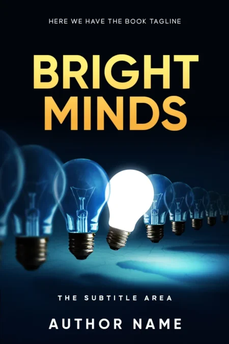 Book cover featuring the title 'Bright Minds' with a glowing white light bulb among a line of dimmed blue light bulbs on a dark background.